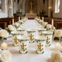 10个/20个/50个装绿色祝福纸杯，一次性使用，饰有金色十字架和桉树叶图案，适用于洗礼、受洗、坚信礼、迎婴派对、婚礼及其他宗教仪式，男女通用 - 多色 - 查看 3