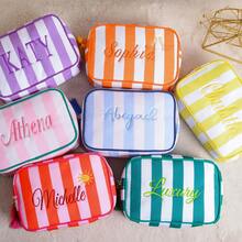 Personalized Embroidered Name Cosmetic Bag, Single Initial Striped Tassel Toiletry Bag, Travel Makeup Storage Pouch, Bridesmaid Gift, Gift For Her - Multicolor - View 4