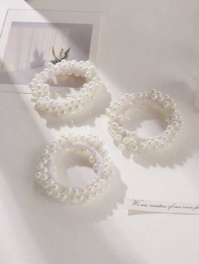 3 chiếc dây buộc tóc màu trắng tối giản đính ngọc trai giả, kiểu dáng thanh lịch Hàn Quốc, phụ kiện tóc ngọt ngào.