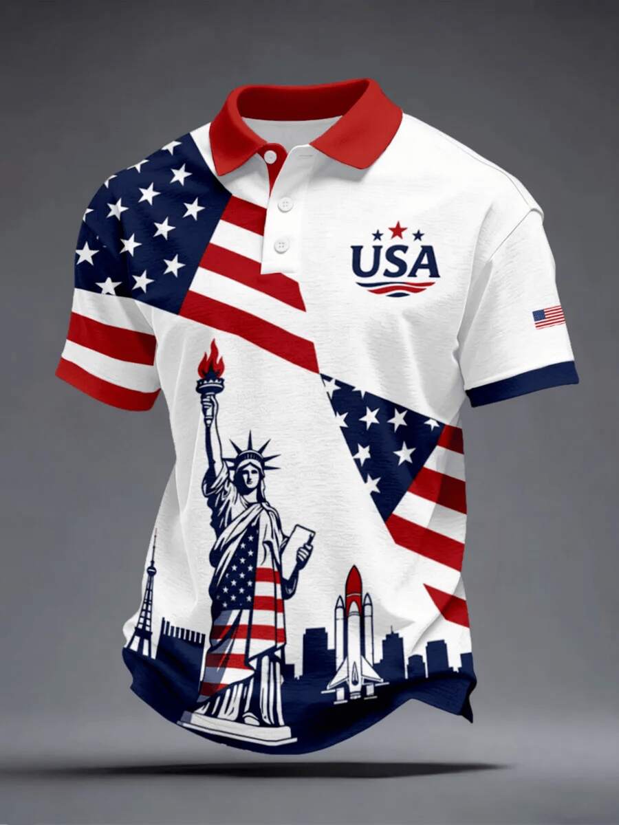 250Th Anniversary Themed Short Sleeve Polo Shirt, Statue Of Liberty USA Flag Polo Shirt For Men, American Retro Lapel Short Sleeve Casual Breathable Top - phong cách - Xem 1