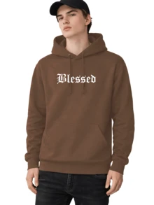 Men's Fleece Hoodie, Street Style,  Print, Statue Writing, Streetwear, Long Sleeve Hooded Sweatshirt, Unisex Jacket With Pocket. - 鏽棕色 - 查看 5