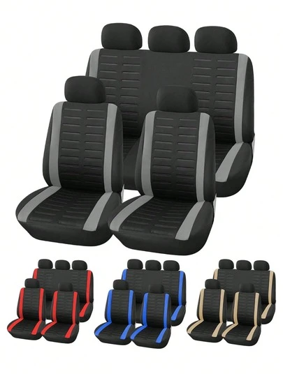 9pcs Universal Car Seat Covers - 3D Embossed Striped Design, 4mm Foam Padding, Waterproof Durable Fabric, Airbag Compatible For Sedan, SUV, Pickup, MPV, Easy Clean, Full Coverage (Includes: 2 Front Seat Covers, 1 Backrest Cover, 1 Rear Seat Cover, And 5 Headrest Covers) Car Seat Accessories