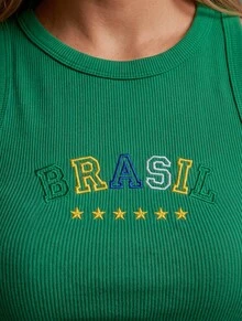 Women's Tank Top Summer 2026 With "BRAZIL" Embroidered Print, Ribbed Knit Fabric - GREEN 2 - View 3