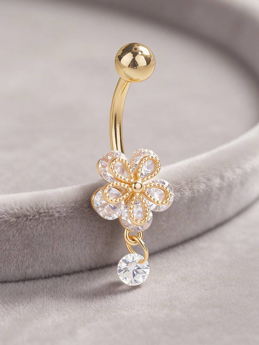 1 pieza Anillo de ombligo de flor de piedra de circonia de cobre, adecuado para uso diario - flor - Ver 1