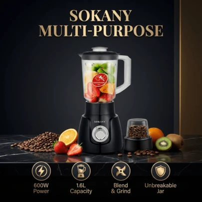 SOKANY 1台SK-185多功能搅拌机，500瓦，二合一功能，1.6升容量，可碎冰、榨汁、制作奶昔 - 黑色