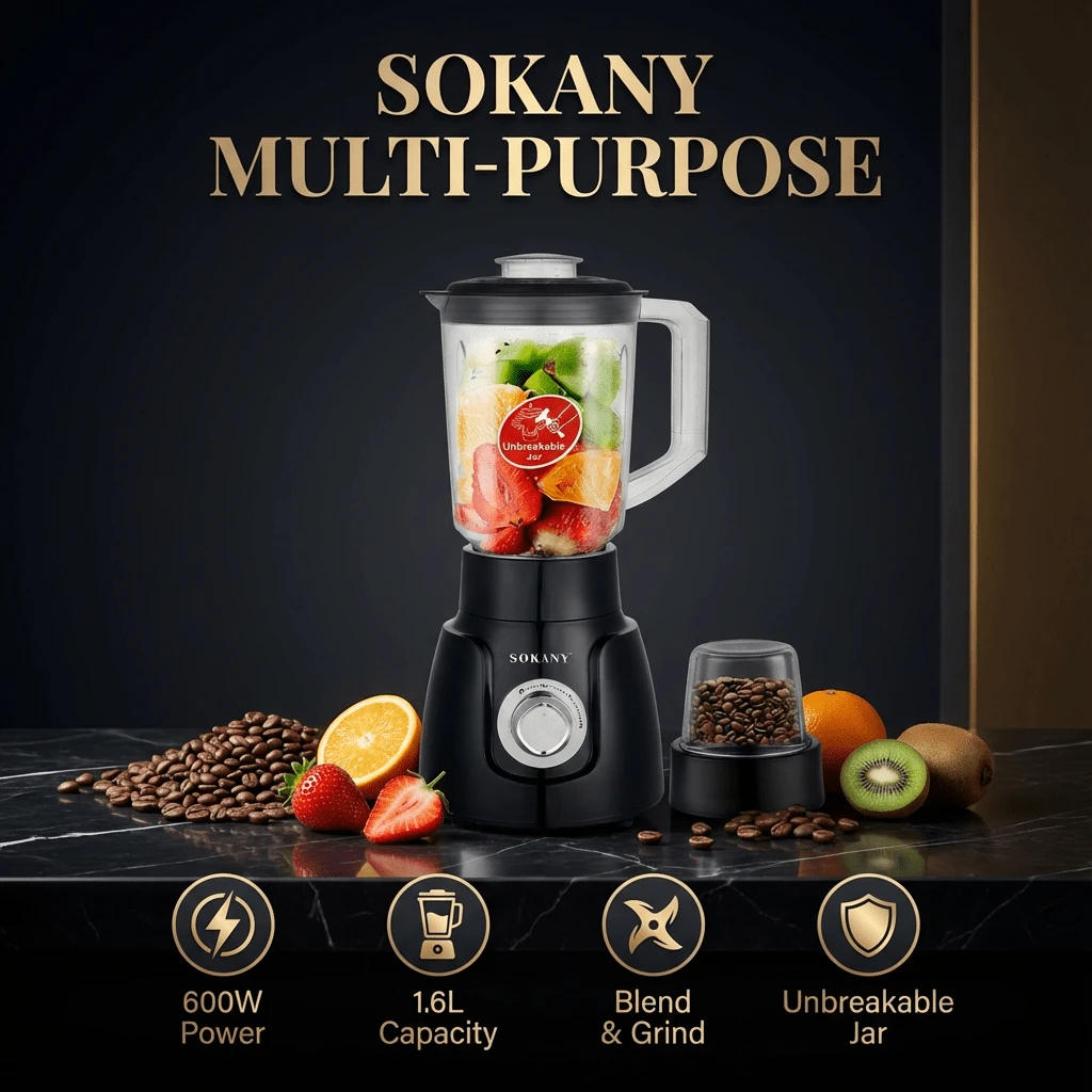 SOKANY 1台SK-185多功能搅拌机，500瓦，二合一功能，1.6升容量，可碎冰、榨汁、制作奶昔 - 黑色 - 黑色 - 查看 1