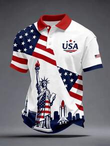 250Th Anniversary Themed Short Sleeve Polo Shirt, Statue Of Liberty USA Flag Polo Shirt For Men, American Retro Lapel Short Sleeve Casual Breathable Top - phong cách - Xem 4