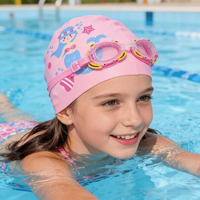 Kids Swimming Goggles & Cap Set, Waterproof Anti-Fog High Definition Swimming Goggles & Cap Set For Boys And Girls, Children Swimming Accessories Set