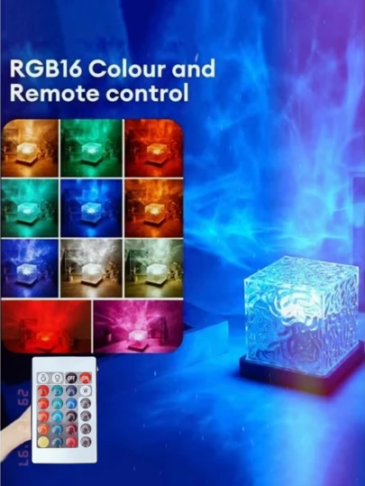 1 đèn ngủ chiếu hình sóng nước 16 màu, đèn pha lê hình khối phát sáng có điều khiển cảm ứng/điều khiển từ xa, thích hợp cho phòng ngủ, phòng khách, văn phòng, tiệc tùng và trang trí kinh doanh, quà tặng sinh nhật lý tưởng, đèn tạo không gian ấm cúng cho phòng ngủ.