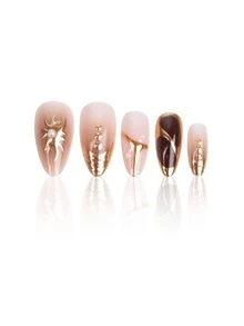 24pcs Almond-Shaped Ombre Brown Medium Length False Nails Set, Decorated With Gold Foil Sunshine And Asymmetrical Line Designs, Accented With Elegant Pearls And Rhinestones - Gold - View 3
