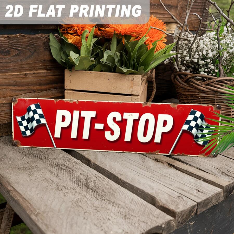 1 pieza Decoración de pared metálica de estación de reparación de carreras vintage - Letrero de hierro plano 2D, tamaño 4x16 pulgadas, adecuado para garaje, sala de juegos y decoración con tema de carreras, crea una cueva personal personalizada - Multicolor - Ver 1