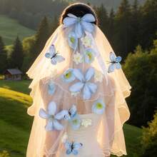 蓝色、紫色、橙色花朵头饰，白色蝴蝶结新娘面纱，婚礼派对配饰 - 彩色 - 查看 4