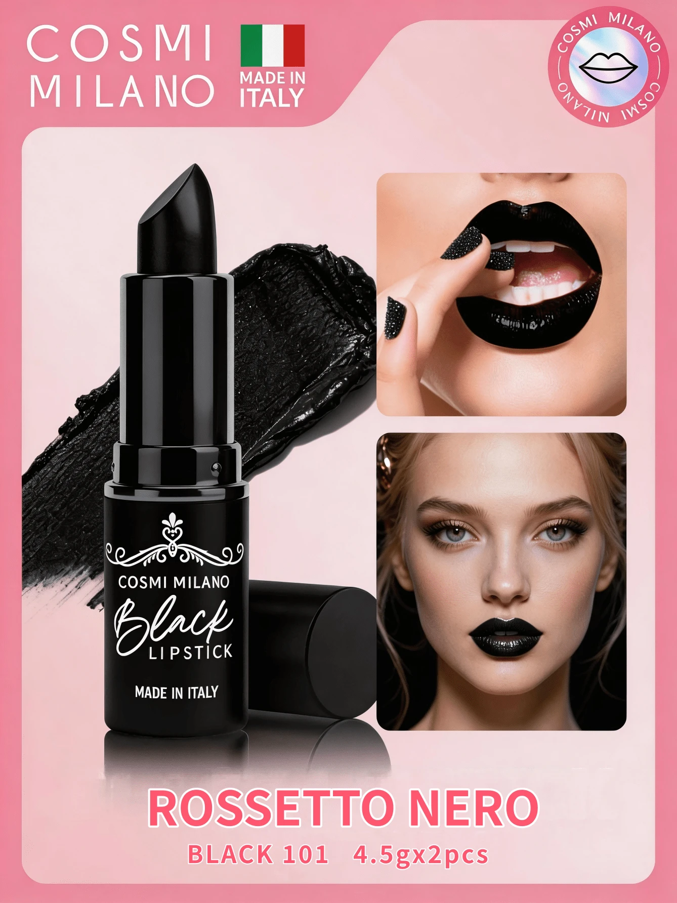 COSMI MILANO Made In Italy Black Stick Lipstick 4.5g Matte And Pearly Lipstick Two Shades Available, Classic Black And Pearly Black Color With Light Sparkle, Uniform Coverage And Easy Application, Decisive And Refined Makeup, Ideal For Daily Routine, Evenings And Special Occasions - 黑色101 - 查看 1