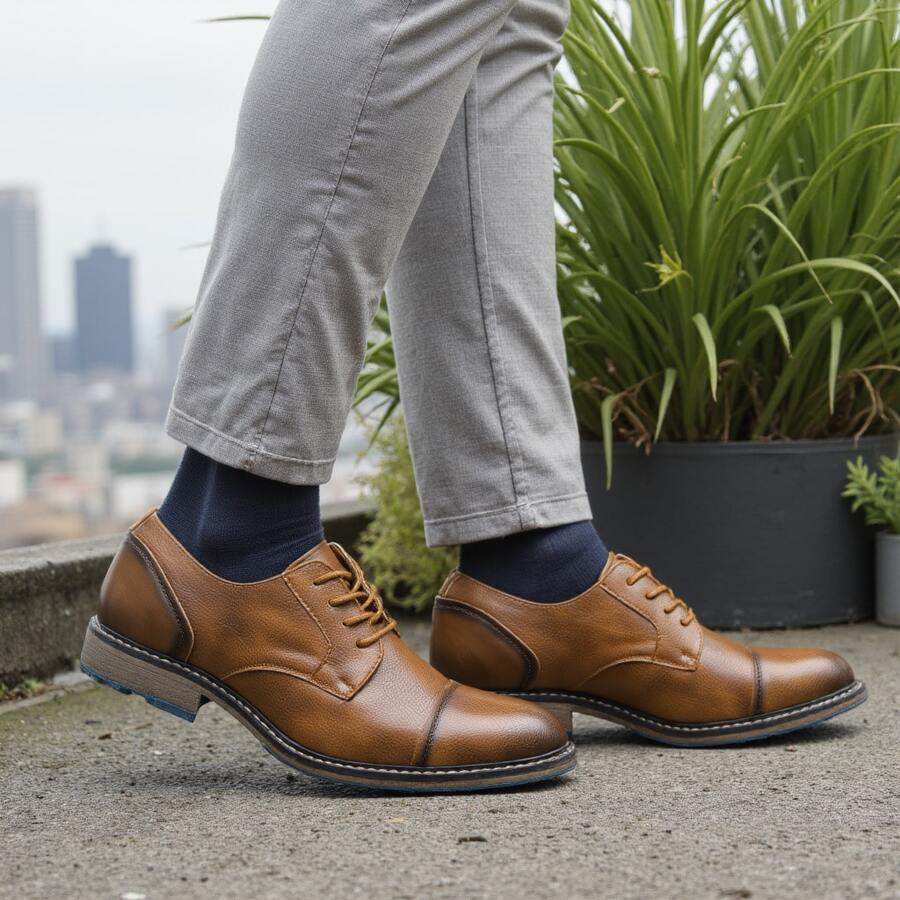 Men's Casual Shoes, Commuting & Outdoor Sports, Anti-Slip & Durable, Classic Derby Shoes, Fashionable Retro Work Boots - Ginger - View 1