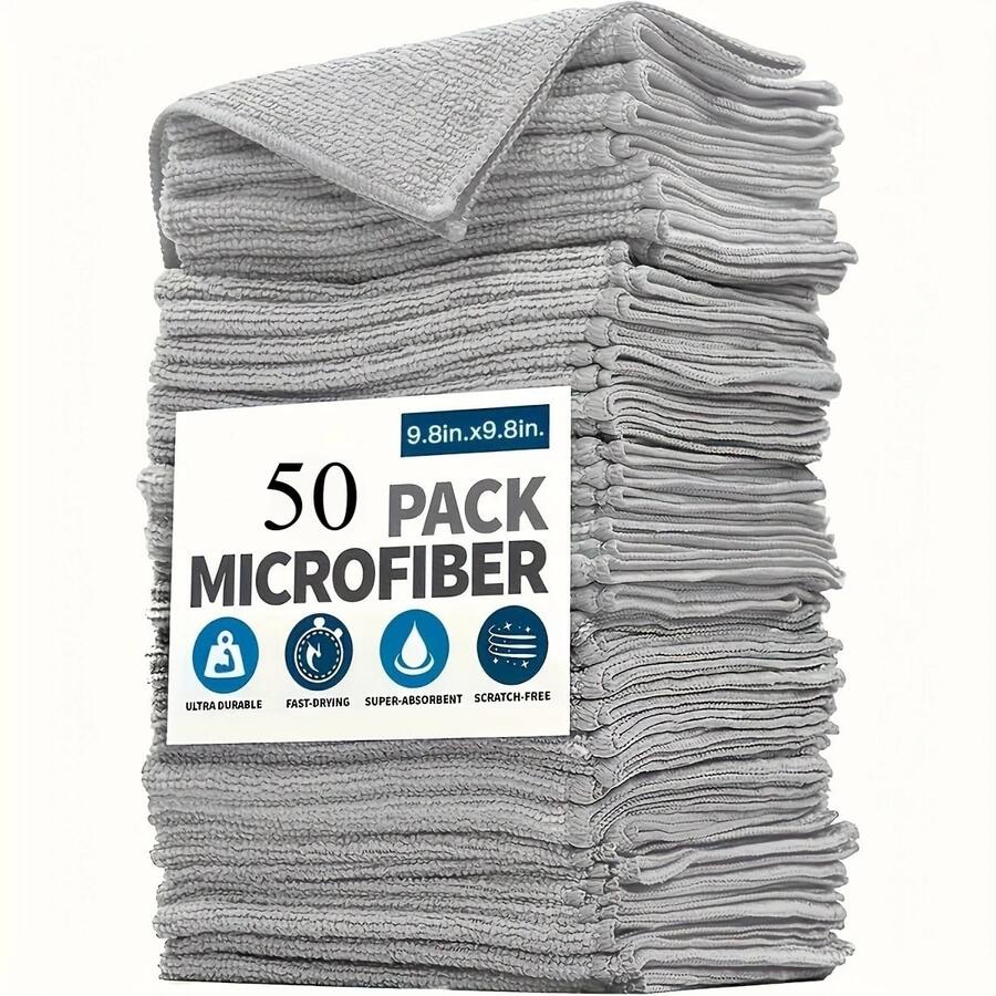 Bộ 5-50 khăn lau bếp bằng sợi microfiber màu xám nhạt, khăn lau mềm mại siêu thấm hút, bộ khăn lau chén đĩa tẩy vết bẩn. - A - Xem 1
