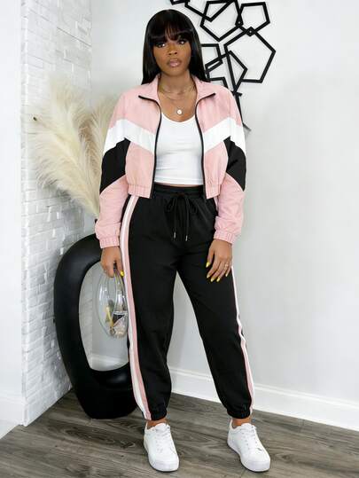 SRoinpar 2pcs Women's Sports Suit: Colorblock Geometric Striped Mesh Splice Cropped Jacket And Drawstring Hem Pants | Fashionable Casual Sports Set, Suitable For Daily Outings/Leisure Gatherings (Spring & Autumn) - Comfortable Loose Fit, Versatile Pink