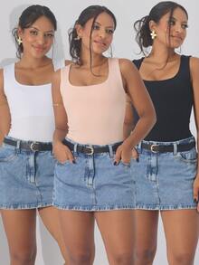 Kit 3 Women's Bodysuit Square Neckline Wide Strap Plain Suplex Tank Top Casual - 裸色/白色/黑色 - 查看 1