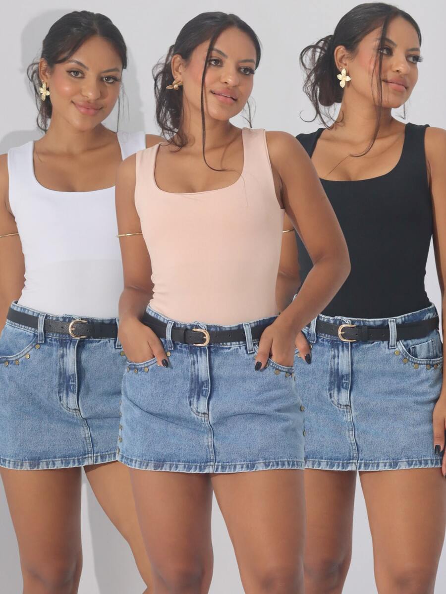 Kit 3 Women's Bodysuit Square Neckline Wide Strap Plain Suplex Tank Top Casual - 裸色/白色/黑色 - 查看 1