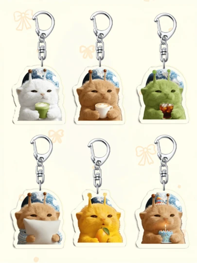 1 pieza/6 piezas Adorable set de llaveros acrílicos de gatos alienígenas, con diseños de gato de matcha latte, gato capuchino, gato de cola, gato de almohada, gato de mango y gato de pastel de cumpleaños, lindo encanto kawaii para bolso, regalo perfecto para amantes de los gatos y fans de los alienígenas, ideal para novios, novias, familiares, médicos, enfermeras, regalos del Día de San Valentín, decoraciones de teléfonos celulares y talla grande.
