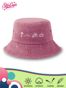 1 Pc Washed Vintage Bucket Hat - Palm Tree Wave Sea Turtle & Sunset Print - Available In Multiple Retro Colors - Foldable Packable Outdoor Summer Sun Hat For Vacation And Beach Wear,Holiday,Travel - Beach - View 13