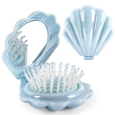 Metallic Shiny Folding Travel Hair Brush With Mirror, Shell-Shaped Portable Folding Pocket Hair Brush, Mini Hair Brush, Scalp Massager (Blue)
