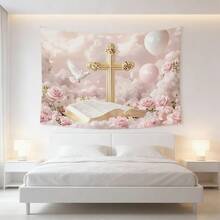 1pc Elegant Wedding & Baptism Banner With Cross  Bible Pink Rose - Clouds Balloons Suitable For Holy Communion, Christening, Wedding Decorations, Shower - 2D Flat Fabric Banner Decor, Photography Props, Durable Party Backdrop |   Outdoor Garden Decor | Party Decor, Holiday Decor, Background Cloth - Kiểu_1 - Xem 6
