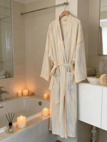 Áo choàng ngủ nữ kiểu Hàn Quốc thanh lịch, cổ chữ V, cổ kimono, thắt eo, dài đến đầu gối, thích hợp cho mùa xuân và mùa thu. - Nhiều màu - Xem 6