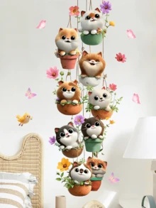 1pc Potted Cat Wall Sticker, Cute Multi-Color Floral Cat Butterfly Decal For Bedroom Living Room, Removable Matte Self-Adhesive Wall Decal, Suitable For Living Room, Bedroom, Kids Room, Home Decor Sticker, Wall Decal, Vinyl Sticker, Spring Decoration, Add Vitality To Your Home, Rama Decor Sticker Gift, Birthday Graduation Gift - Multicolor - View 4