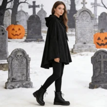 Adult Black Hooded Cloak Medieval Vampire Witch Robe Costume Accessory, Suitable For Halloween Party - Black - View 1