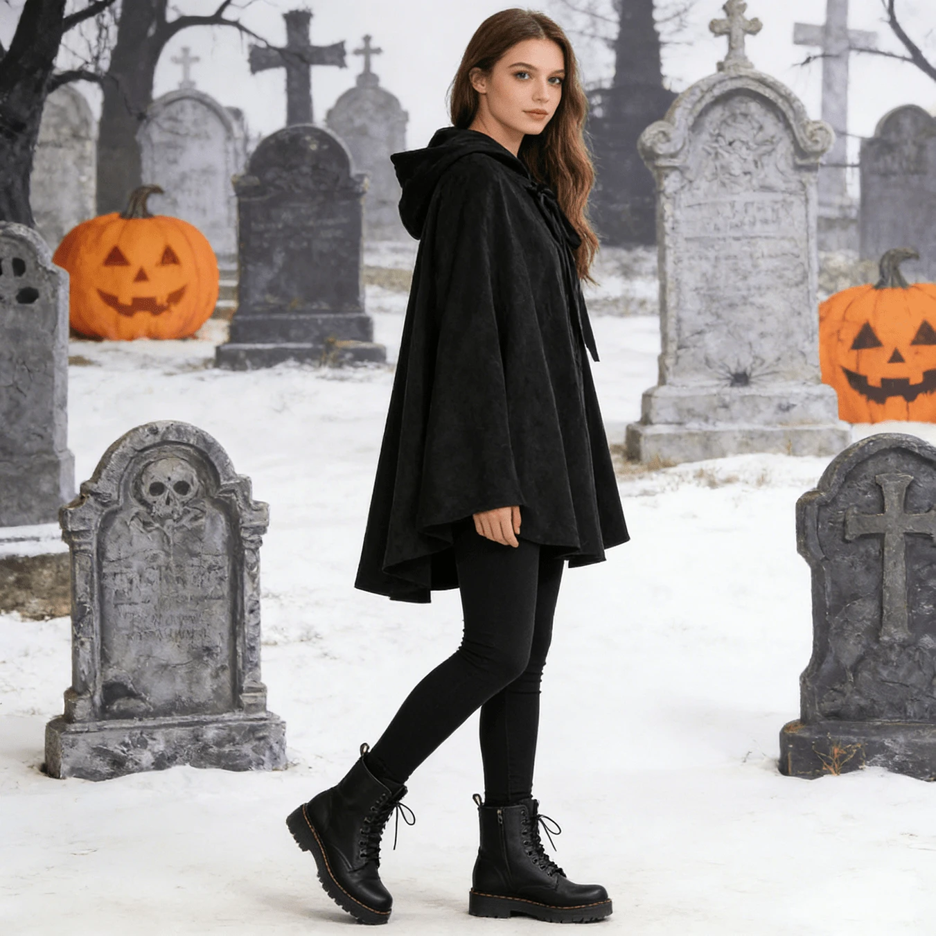 Adult Black Hooded Cloak Medieval Vampire Witch Robe Costume Accessory, Suitable For Halloween Party - Black - View 1