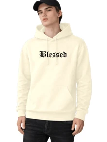 Men's Fleece Hoodie, Street Style,  Print, Statue Writing, Streetwear, Long Sleeve Hooded Sweatshirt, Unisex Jacket With Pocket. - 杏色 - 查看 4