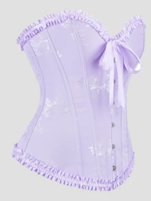 Delicate Princess Style Jacquard Ruffle Trim Bandeau Crop Top, Heart Neck Front Button Shapewear, Suitable For Wedding, Party, Date, Vacation - Purple - View 4