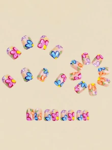 24pcs Colorful Flower Print Wearable Nail Stickers, Square Shaped Y2K Style Nail Art Decals For Spring - Multicolor - View 2