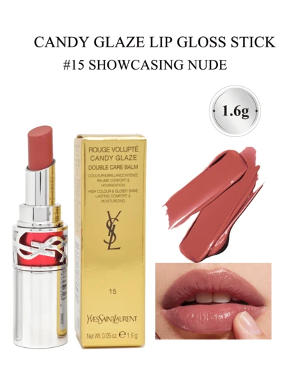 Yves Saint Laurent روج فولوبتي كاندي جليز دبل كير بلسم #15 عرض لون البشرة الناعم عالي اللمعان شفاه مرطبة - بلسم شفاه مرطب لامع، راحة وإشراق طويل الأمد للاستخدام اليومي، حجم السفر 1.6 جرام/0.06 أونصة