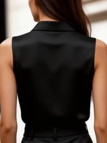 女士宽松休闲百搭纯色翻领无袖上衣，优雅梭织面料背心T恤，黑色 - 黑色 - 查看 3