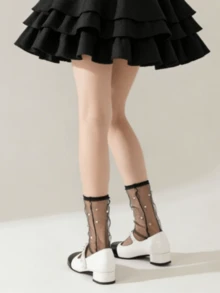 1 đôi tất dài đến bắp chân mỏng, màu đen/trắng, chất liệu lụa trong suốt, kiểu dáng lãng mạn, thích hợp cho mùa xuân và mùa hè. - Nhiều màu - Xem 3