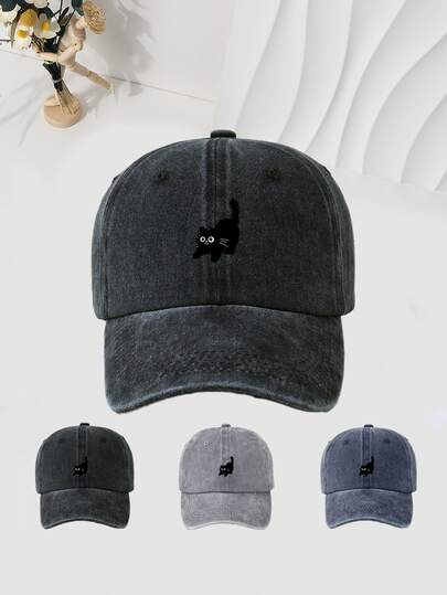 1顶“黑猫”印花棒球帽，复古水洗做旧遮阳帽，涤纶材质，男女通用户外时尚配饰，户外头饰 | 耐用头饰，棒球帽