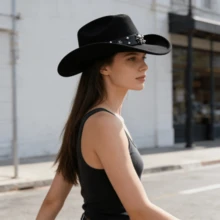 Retro Cowgirl Hat For Women Men Solid Color Wide Brim Western Cap With Rivet Cross Leather Belt - Black - View 6