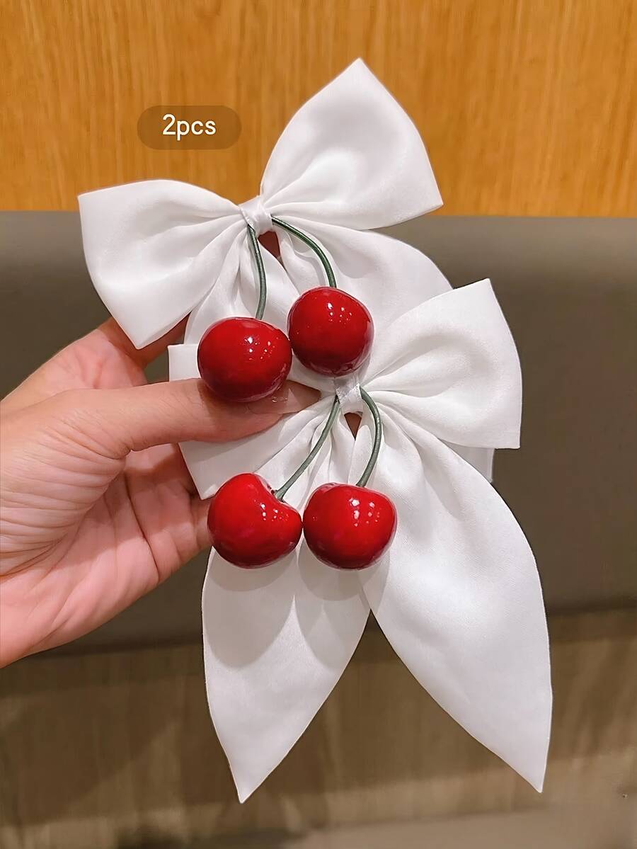 2件/組 女士與女孩櫻桃髮飾蝴蝶結，白色緞面絲帶櫻桃裝飾可愛蝴蝶結髮夾，派對生日禮物甜美髮飾