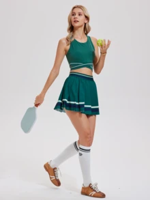 KYRLSSU Contrast Striped Criss-Cross Tie Round Neck Sleeveless Sports Tank Top - Green - View 2