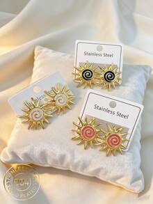 金色珐琅太阳耳环，闪耀阳光螺旋设计，轻盈波西米亚风女士饰品 - 金色 - 查看 1