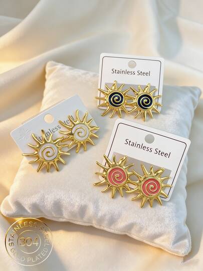 Gold Enamel Sun Earrings, Shimmering Sunlight Spiral Design, Lightweight Bohemian Chic Jewelry For Women