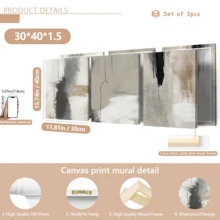 3 件套现代简约墙面艺术海报，米色、黑色、灰色帆布印刷品，抽象水彩海报，当代简约墙面艺术，侘寂风格，可选择带框或不带框，家居装饰，理想的乔迁礼物，宿舍公寓装饰，酒店、住宅、客厅、卧室、浴室和办公室墙面装饰 - A - 查看 19