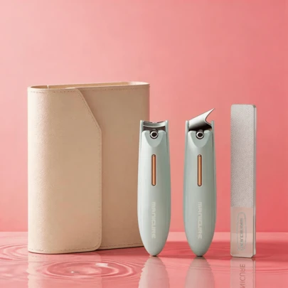 Splash-Proof Nail Trimming Manicure Set, 3Pcs Kit Steel Elegant Chic Solid Creamy Beige Ergonomic Curved Blade With Glass File Leather Case Hand Grooming Beauty Accessories For Women Travel Gifts