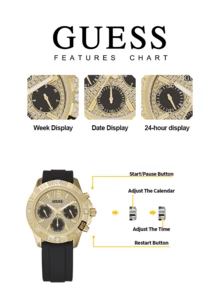 Guess GW0772L1 女士水晶石英多功能腕表，金色表壳，黑色硅胶表带，奢华闪耀钻石表盘，适合派对和日常佩戴 - 黑色 - 查看 5