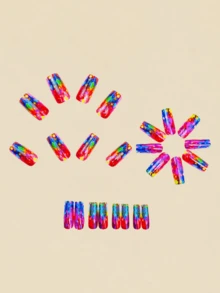 24 piezas de puntas de uñas cuadradas largas con gemas de colores del arcoíris, suministros de arte de uñas de primavera, estilo Y2K - Multicolor - Ver 2