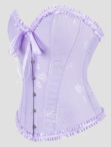 Delicate Princess Style Jacquard Ruffle Trim Bandeau Crop Top, Heart Neck Front Button Shapewear, Suitable For Wedding, Party, Date, Vacation - Purple - View 3