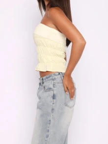Women's Strapless Vest Stylish Patchwork Sleeveless Ruched Tube Tops For Party Date Night Wear - Yellow - View 4