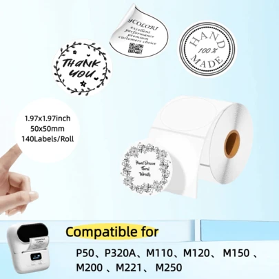 ملصق ذاتي اللصق متعدد الأغراض للطابعة M110/ M120/ M200/ M220/ M221، 50x50مم، 140 ملصق/لفة (أبيض)