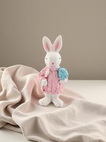 1pc Adorable Rabbit Figurine, Charming Rabbit Sculpture Decorated With Knitted Sweater, Floral Headpiece, Carrot And Basket, Dreamy Easter Spring Home Decor, Farmhouse Style Shelf/Desktop Ornament, Bedroom/Living Room Decorative Gift - Multicolor - View 12